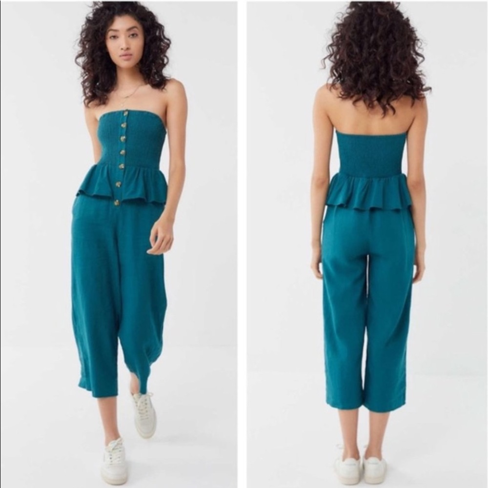 Urban Outfitters Green Strapless Ruffle Linen Jumpsuit A-22 - Picture 1 of 13